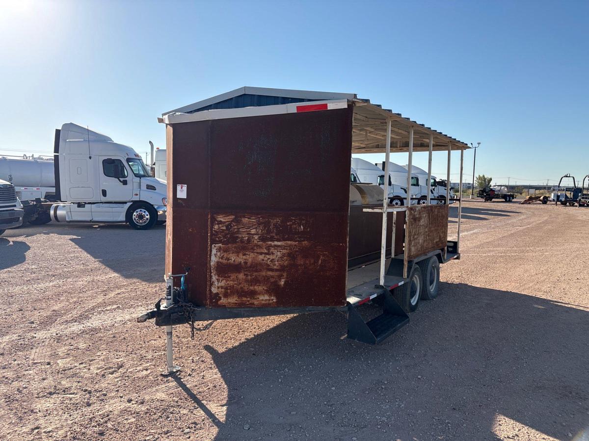 Used SHOPBUILT 18’ x 100” t/a bumper pull BBQ trailer