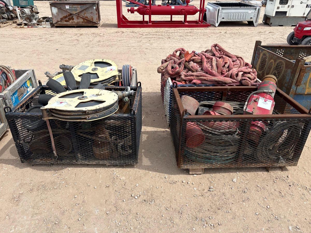 Used (2 baskets) w/ assorted hydraulic hose, 26” wireline sheave, chains, & thread protectors