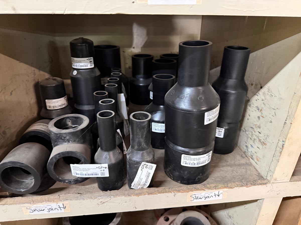 Used SECTION OF MOSTLY HEAVY WALL PVC COUPLINGS, EL’S, SOME STEEL & VICTAULIC TYPE, & (8) FLANGED BALL VALVES & RELATED