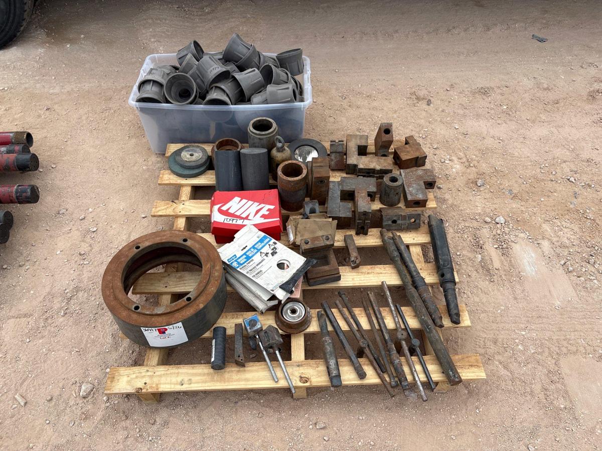 Used Pallet of assorted tool post holders for machine shop, milling machine bits, thread protectors, etc