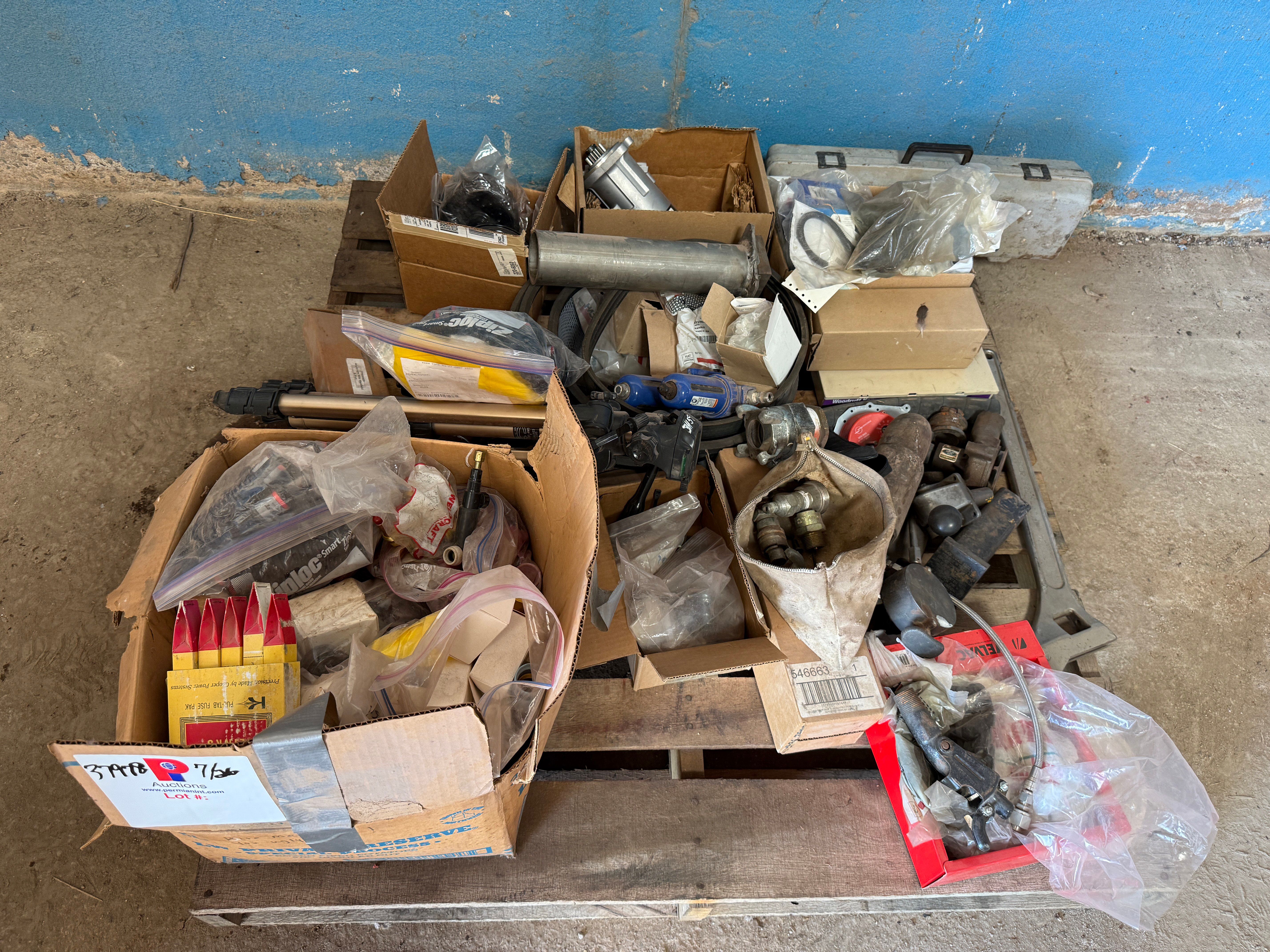 Used PALLET W/ MISC UNSUED TORO STARTER , POWER STEERING PUMP, BOX OF WELDCRAFT UNUSED PARTS, BOX OF BRGS. & SEALS