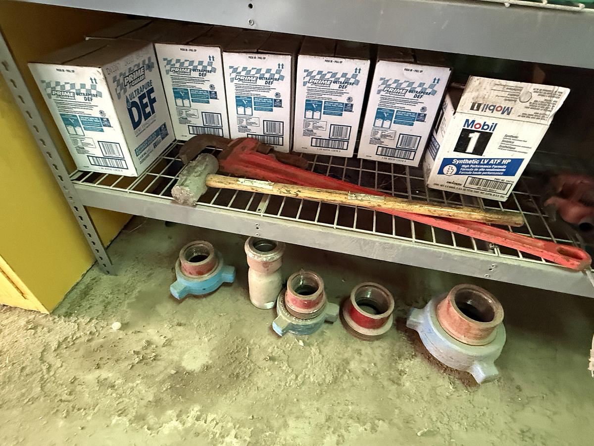 Used 96”L X 24”W X 72”H 3-SHELF RACK W/ TRUCK FLUIDS, ELECTRIC & HAND TOOLS