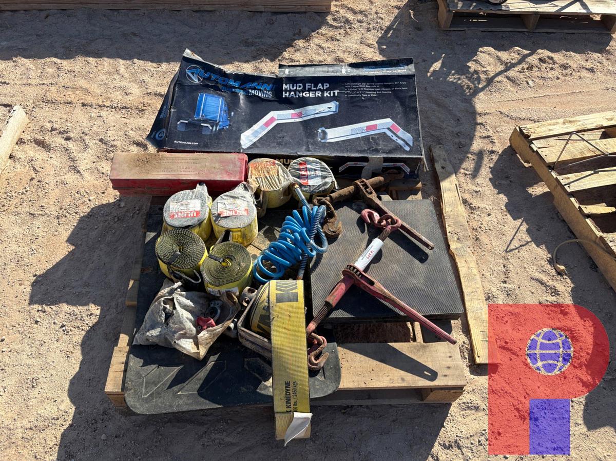 Used (2) PALLETS W/ STRAPS, CHAIN BINDERS, MUD FLAP HANGERS, & HAZARD FLIP SIGNS