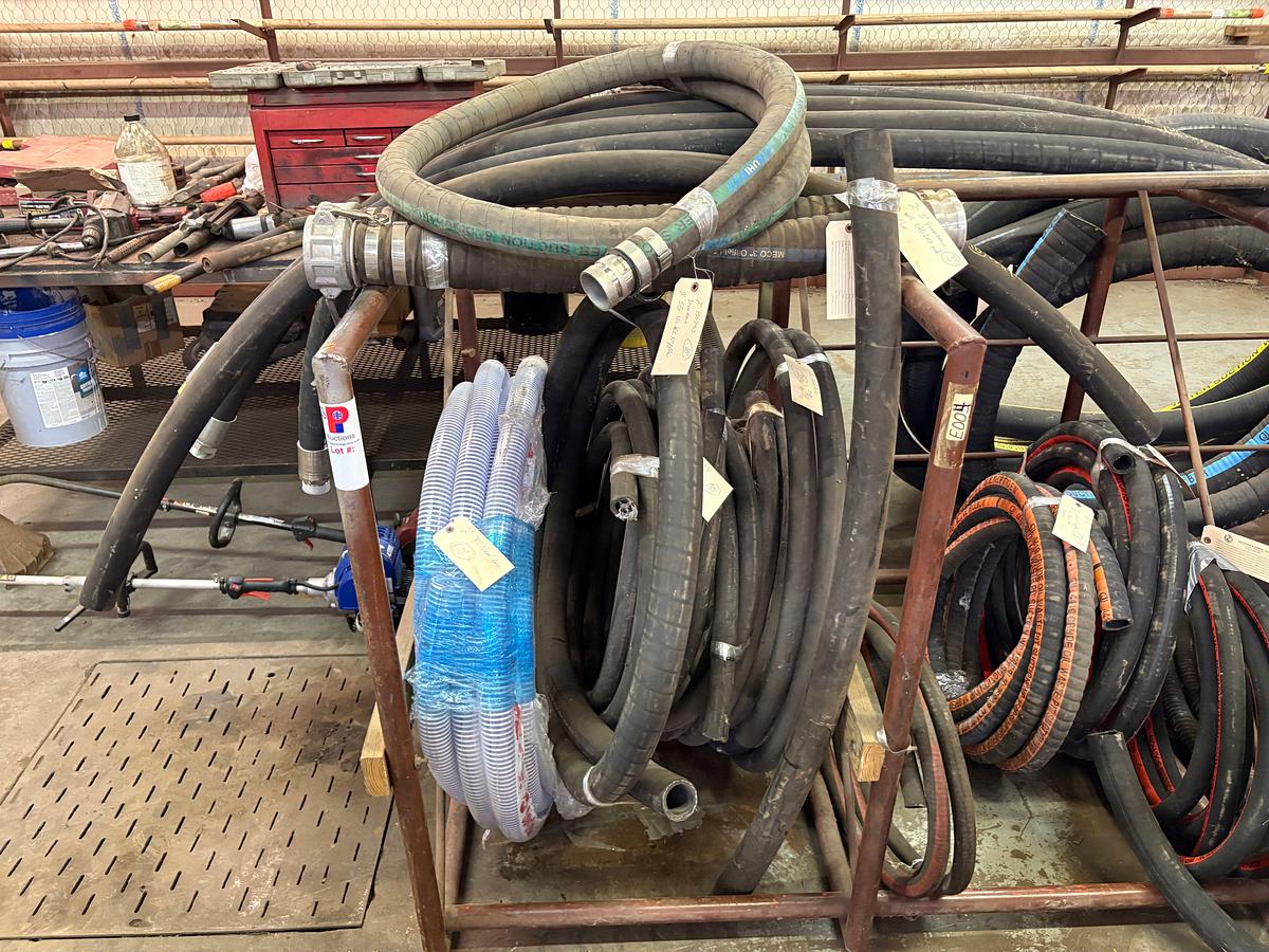 Used 8’ x 4’ x 4’ rack w/ assorted vacuum, hydraulic, & rubber hoses