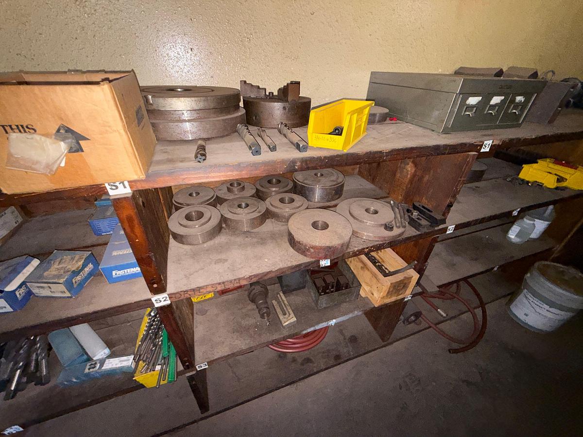 Used 16’x2’x4’ 3-ROW WOOD SHELF W/ CONTENTS OF TAPS, CHUCKS, CUTTING TOOLS, & RELATED