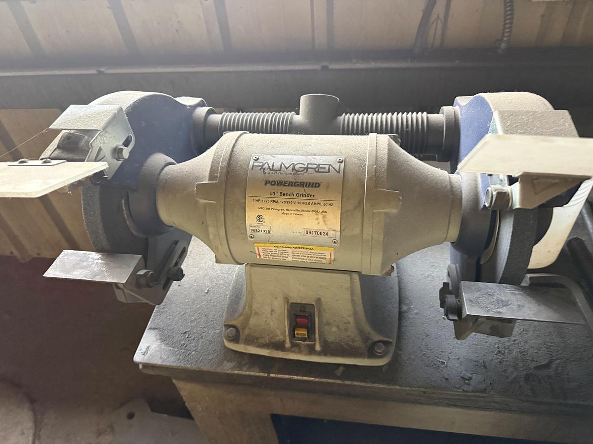 Used LOT W/ (1) PALMGREN 10” BENCH GRINDER, (1) DEWALT 14” CHOPSAW, & 5’x2’x3’ WORK BENCH
