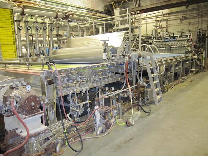 Used Beloit 87" Trim Paper Machine, With Voith Air Pad Headbox 90" Pond, Knockdown Fourdrinier Suction Couch, Suction Press, No Dryer Section, Size Press, 3 Roll Hot, Soft 2500 Pli Calender, Rice Barton Reel, Cameron Winder #27156