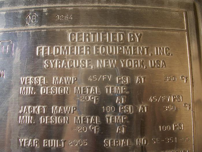 Used Reactor, 265 Gallon, 316L S/st, 100 PSI, Jkt, Feldmeier, #S737963
