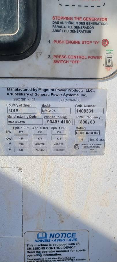 Used 2014 Magnum MMG 175 KVA Diesel Generator with Trailer