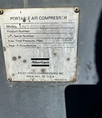 Used 2014 ATLAS COPCO XAVS650CD7 Air Compressor