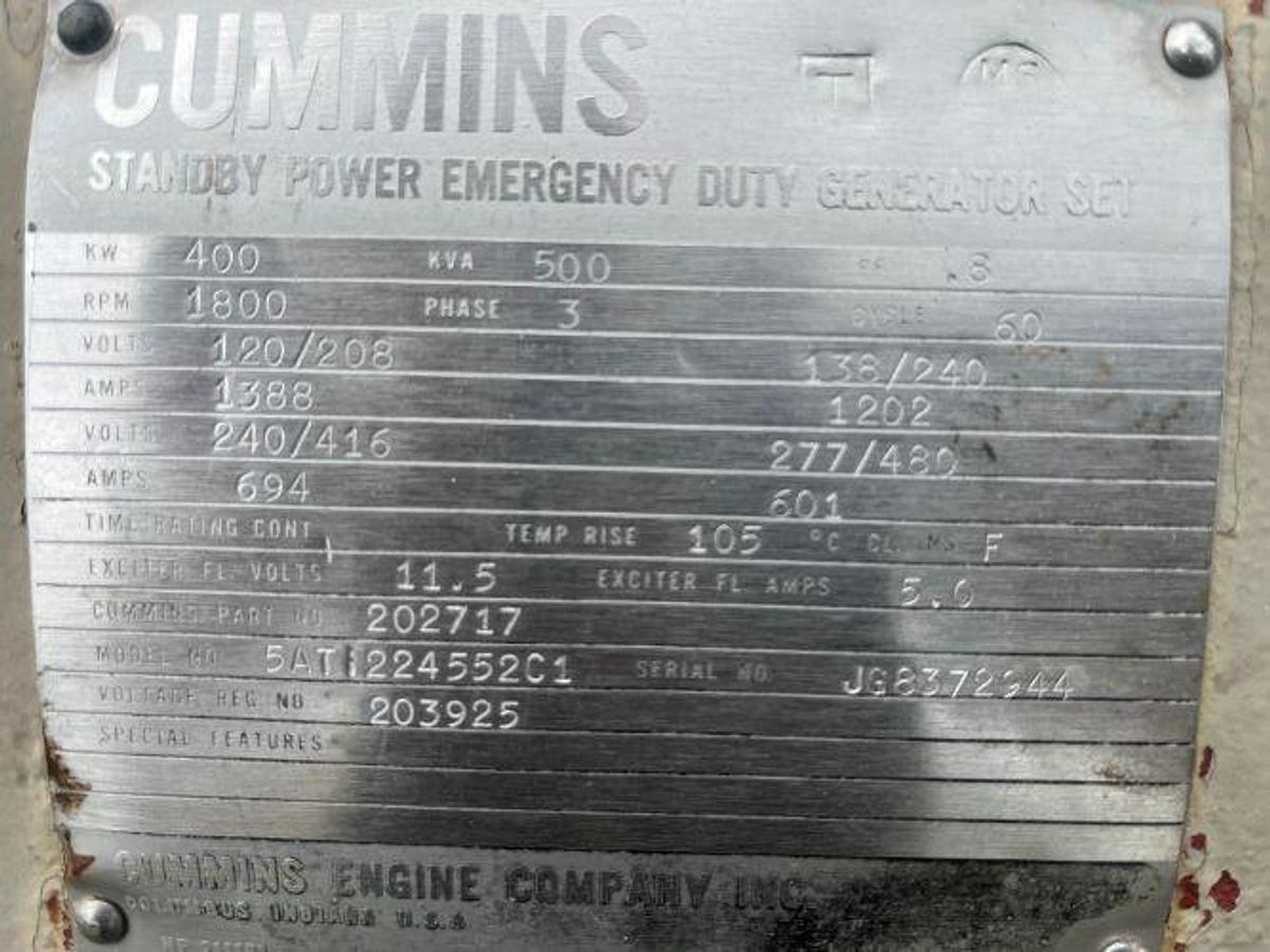 Used 1979 Cummins 500 KW Generator