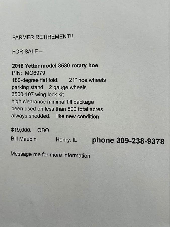 Used 2018 Yetter 3530 Rotary Hoe