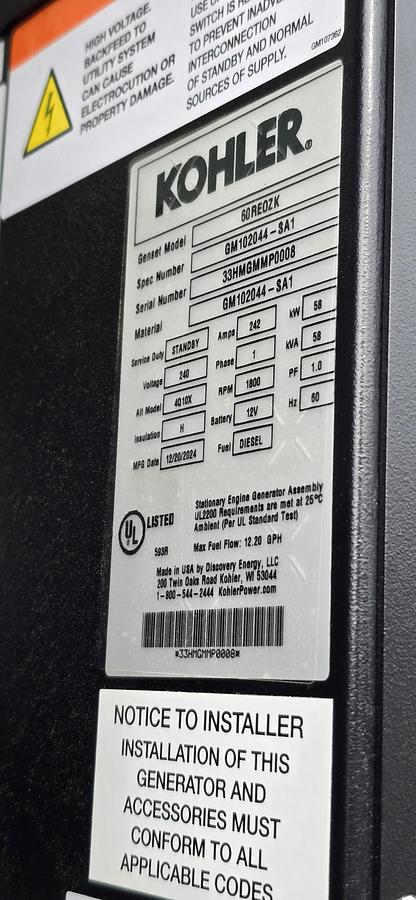 Used 2025 Kohler 60REOZK 60kW Diesel Generator