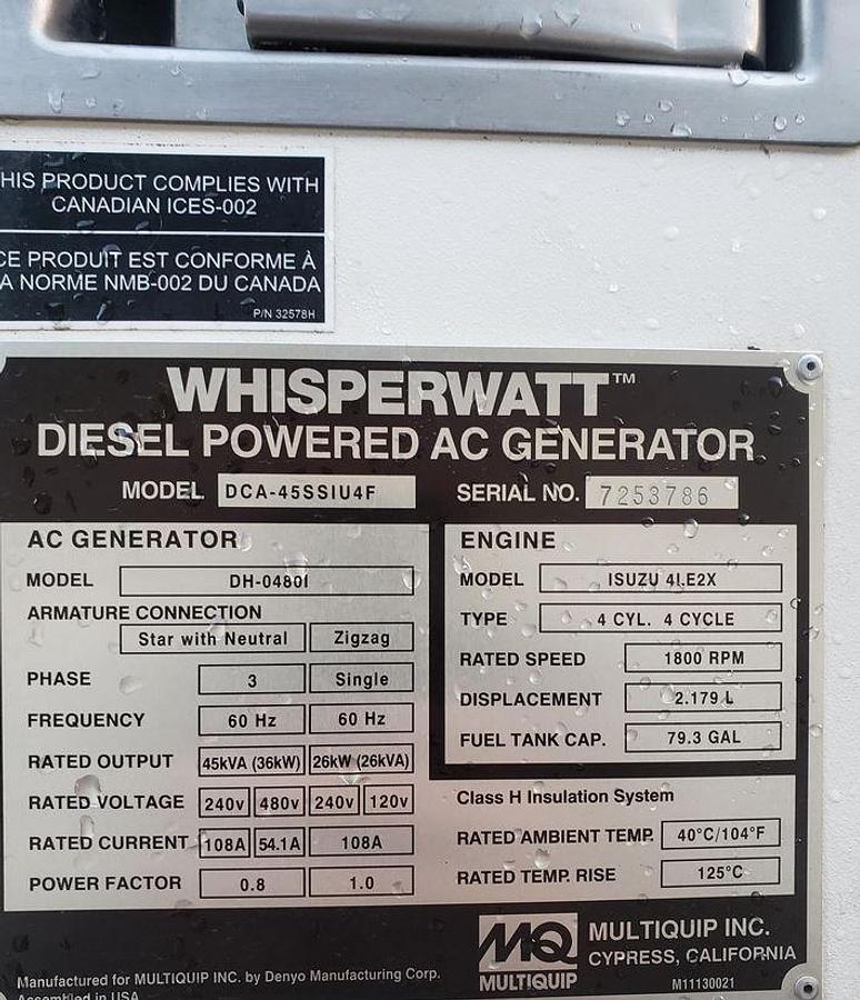 Used 2020 MULTIQUIP WHISPERWATT DCA45SSIU4F Generator