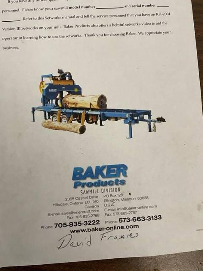 Used 2007 Baker Blue Streak Model 3630E Band Saw Mill