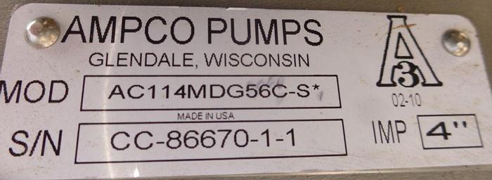 Used Pump, Centrif., 1 HP, S/st, 1.5" in/out, Ampco, Mdl AC114 #S743019
