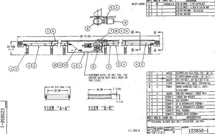 Used Belt Conveyor, Total Length 30 Feet, Uses 36" Wide Belt. Speed 60 Fpm, Drive Is 5 Hp, 460V, 1785 Rpm. #23972