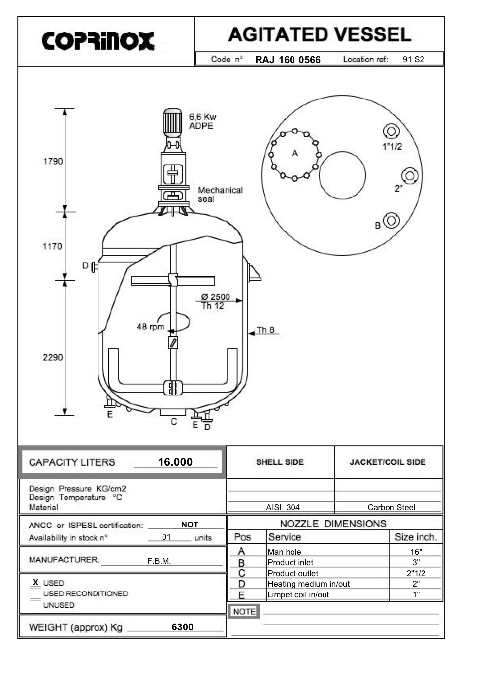Usato Reattore F.B.M. da 16000 Litri