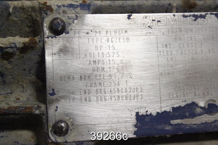 Used Siemens 15 HP AC Motor, 1760 RPM, 575 Volts, 254 T Frame, RGZESD #39266