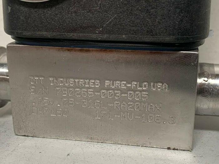 Used ITT Pure-Flo .75-316L-RA20MAX 3-Way Stainless Steel Diaphragm Valve w/ 3/4" Fits