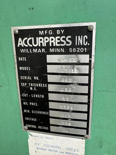 Used ACCUSHEAR Mdl. 825012 1/4" x 12' Power Shear, s/n 907