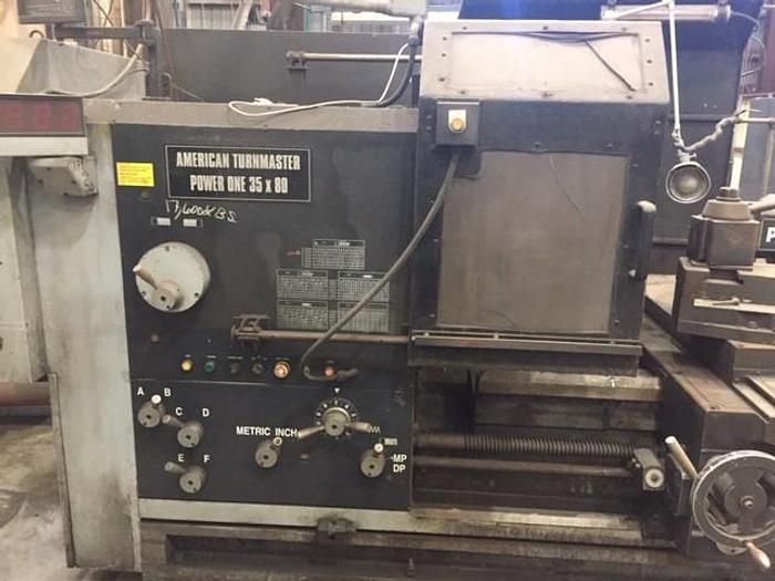 Used American Engine Lathe, Power One, 35" x 80", 14" Spindle Bore, Inch Metric Threading, Steady Rest,