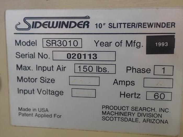 Used 10" SIDEWINDER SLITTER REWINDER MODEL SR3010