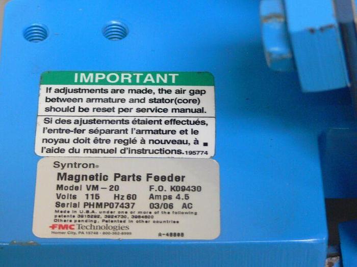 Used FMC Syntron VM-20 Magnetic Parts Feeder