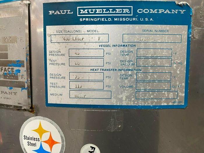 Used Paul Mueller 430 Liter 45 PSI Stainless Steel 75 PSI Jacketed Reactor w/ Mixer