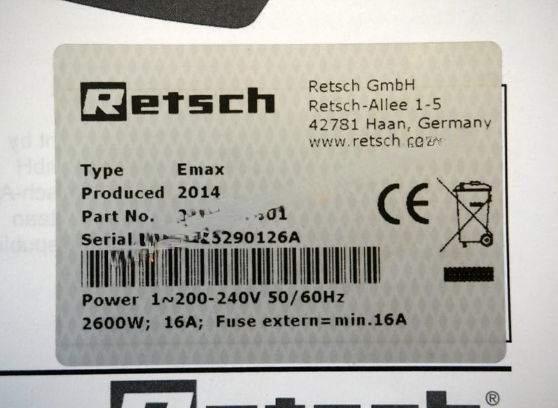 Used 2014 Retsch Emax high energy ball mill, "as new" condition