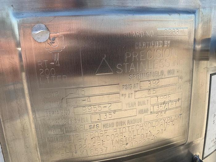 Used Tank, 53 Gallon, 316L Stainless Steel, 45 PSI, Precision Stainless #S743975