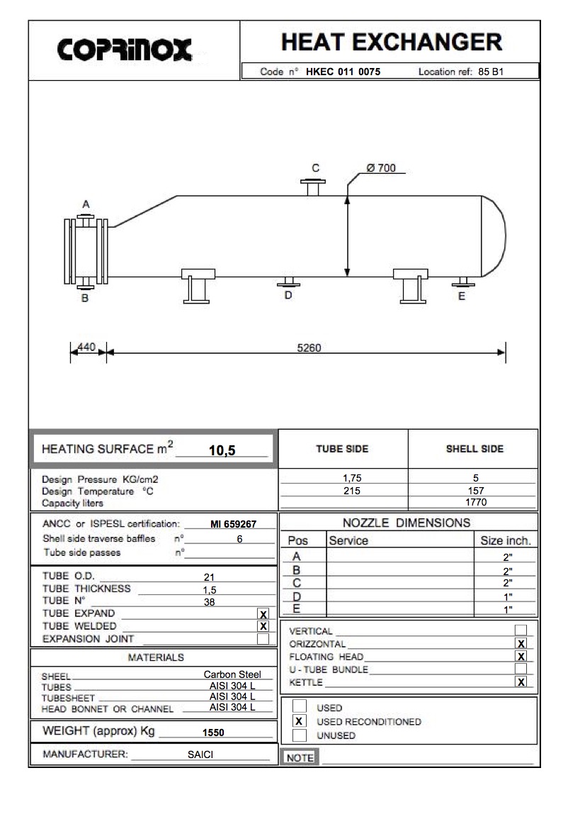 Used SAICI 10.5 square meter heat exchanger