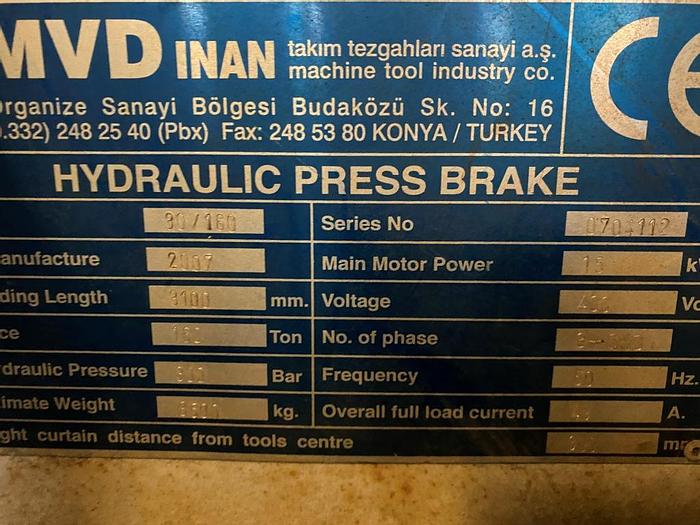 Used 2007 MVD Inan HAP 30160 NC Hydraulic Pressbrake