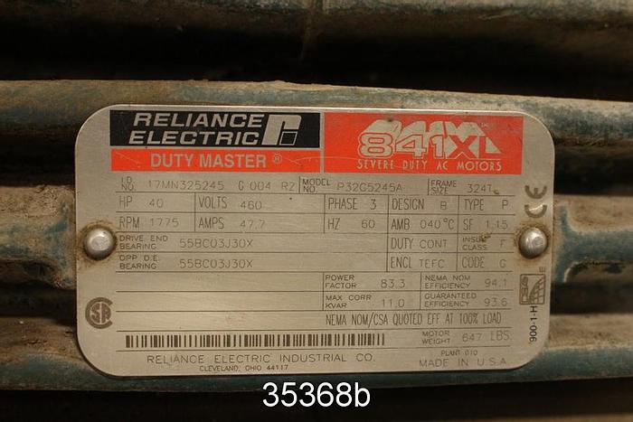 Used Reliance 40 Hp, 1775 RPM, 460 Volts, 324T Frame Ac Motor #35368