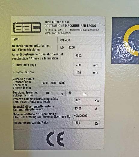 Used 2003 SAC Italy Format panel saw SAC CS 450