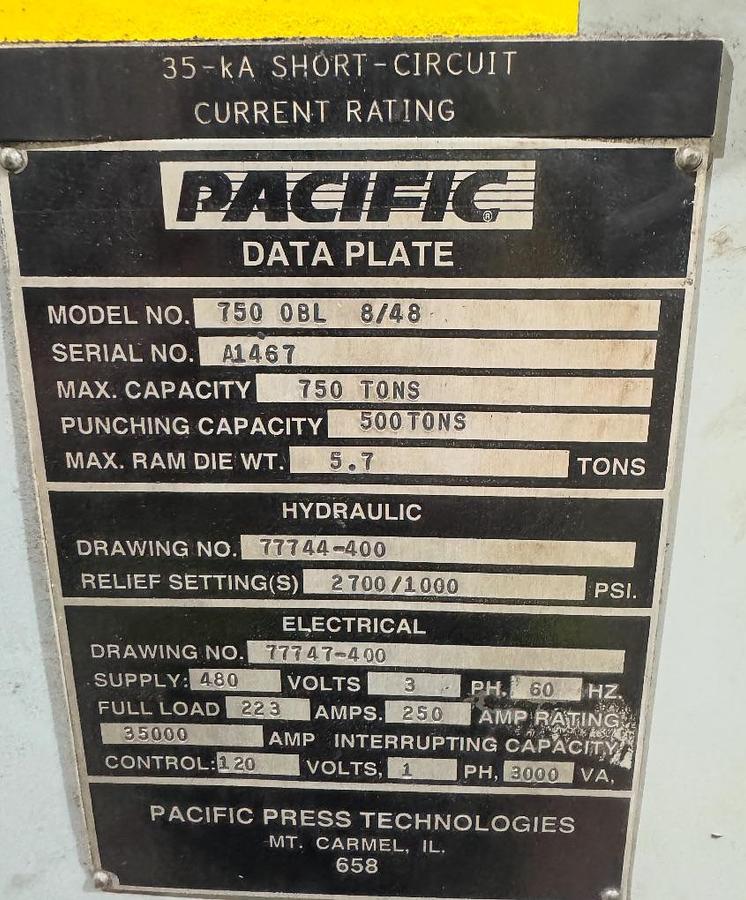 Used 1997 Pacific 750 Ton OBL Hydraulic Press 8/46
