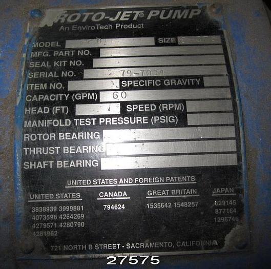 Used Rotojet Pump RCB Pump, Roto-Jet High Pressure, Model Rcb, Size S-375, 60 Gpm. #27575