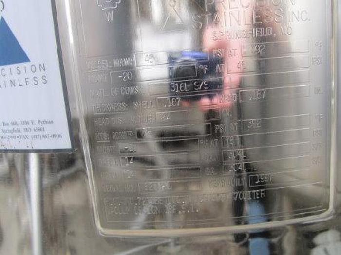 Used Reactor, 18 Gallon, 316L S/st, Precision, 15 PSI, Jkt #C738381