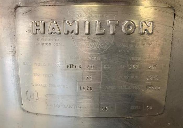 Used Hamilton 60 gal Stainless Steel Jacketed Mix Kettle