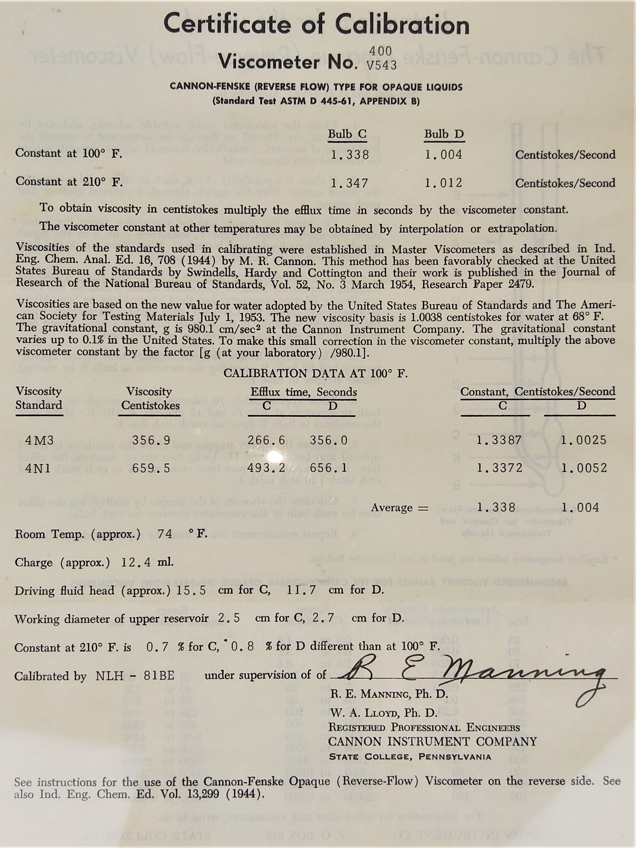 Used Cannon-Fenske CFOC-400 (9721-F74) Certified Opaque Viscometer Tube - Size 400