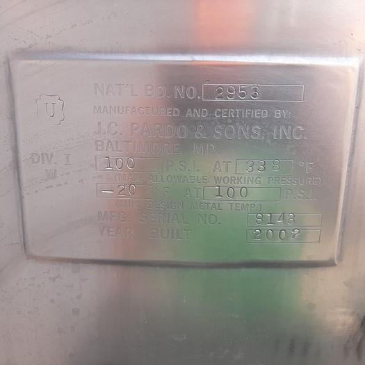 Used 300 GALLON JC PARDO (CLEVELAND) SCRAPER AGITATED KETTLE – 316 SS – JACKETED (9786)