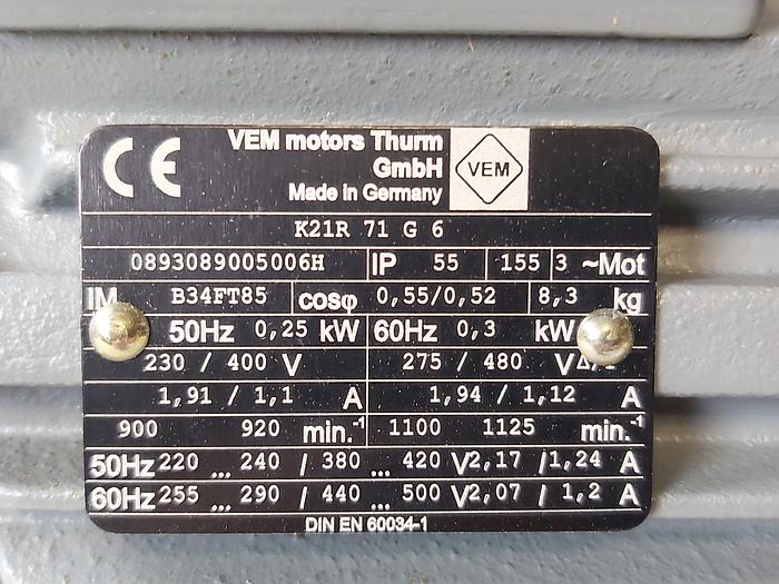 Elektromotor mit Flansch, K21R 71 G 6, 0,25 KW, 920 rpm, VEM,  neu