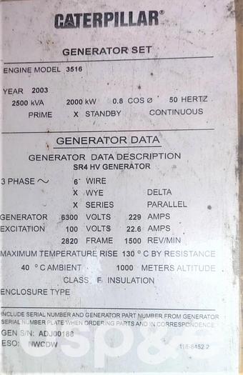 Used 2 MW 2003 Used Caterpillar 3516 Diesel Generator Set