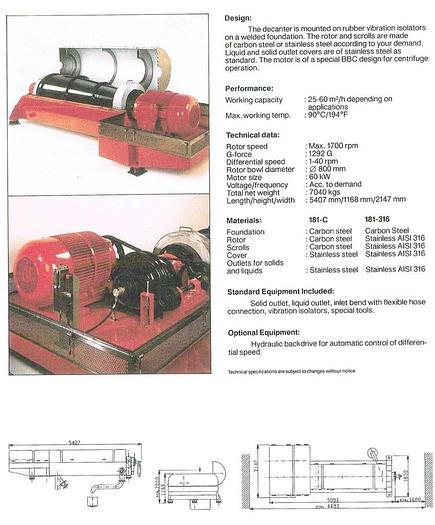 Used Westfalia sludge dewatering decanter, type DDS 800 LY