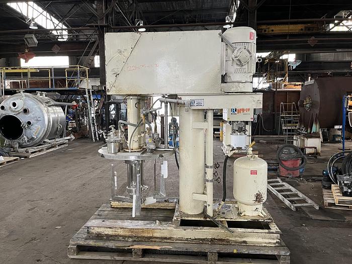 Used 100 GALLON ROSS TRIPLE MOTION MIXER - MODEL PVM-100 - S/S - VACUUM - 2 MIX CANS - WITH DISCHARGE RAM