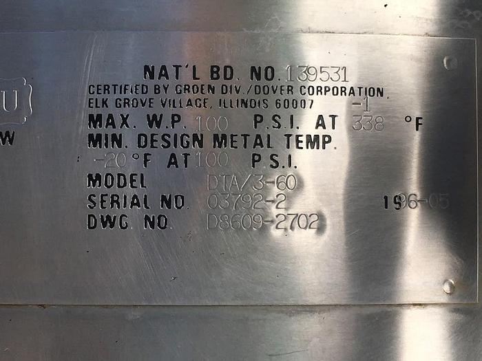 Used 60 GALLON GROEN DTA /3-60 KETTLE – S/S – JACKETED (#9346)