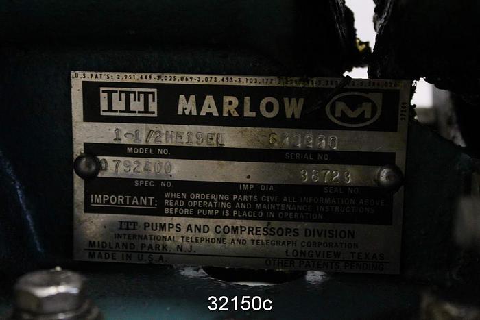Used Marlow 1X1/2HE19EL 1"x1.5" Trash Pump #32150