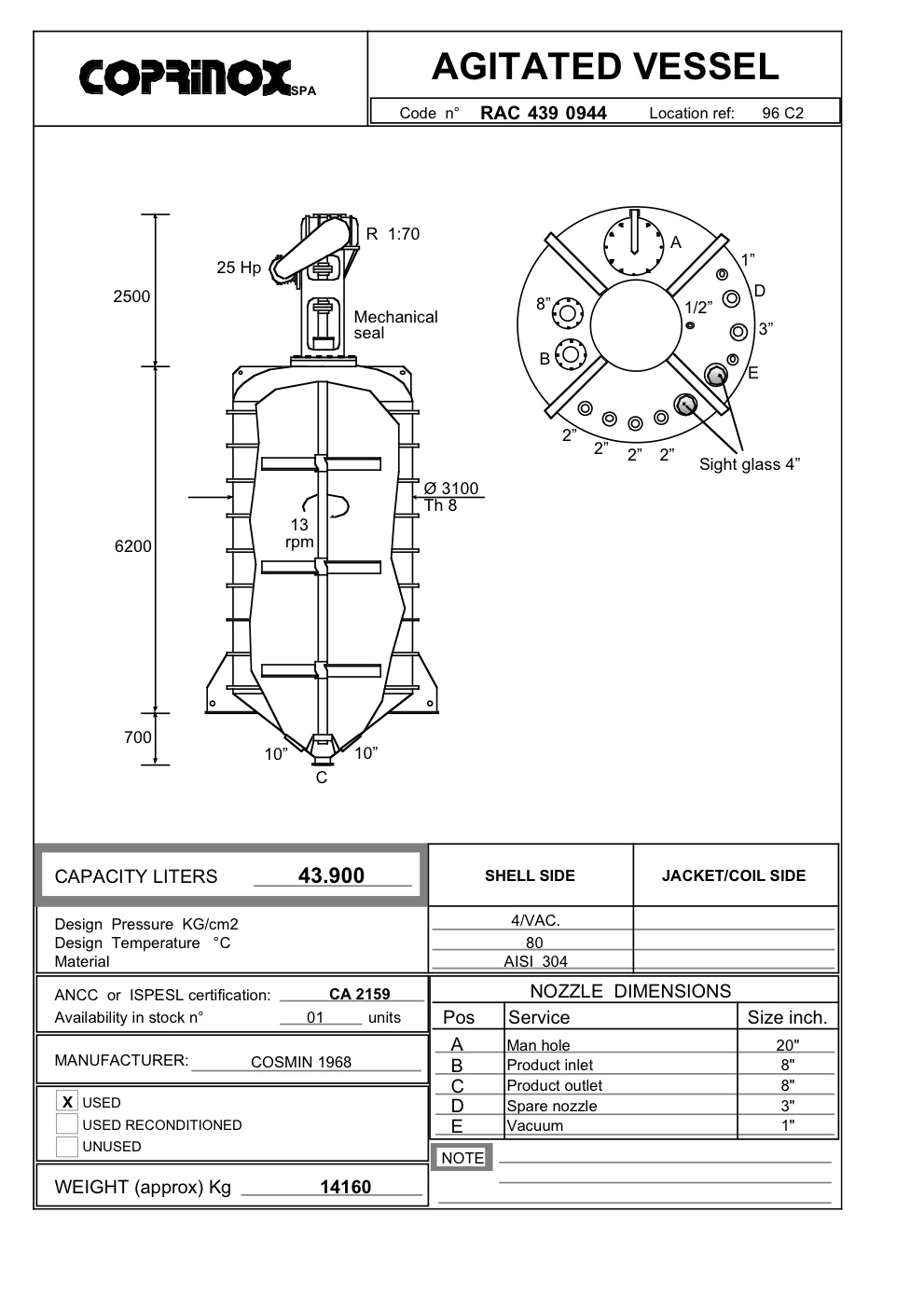 Usato Reattore / miscelatore COSMIN da 43900 Litri