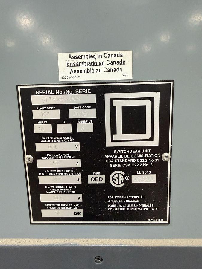 D'occasion Square D QED 600V 1200A Switchgear Lineup with PowerPact PK1200 Breakers — Complete Lot (Dual Transformer A/B Feed)