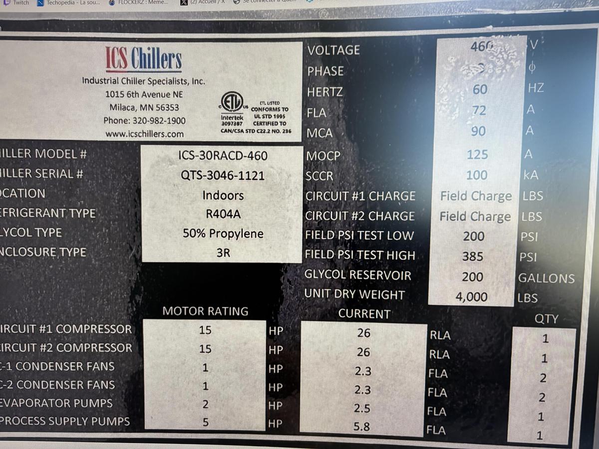 Used ICS Industrial Chiller Specialists Chiller, Model ICS-30RACD-460, (NEW)